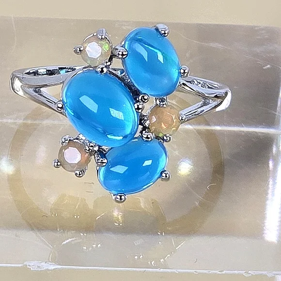 925 Sterling Silver Ring with Natural Oval Blue Opal 8x6mm & Fire Opal Gemstones - Picture 10 of 14